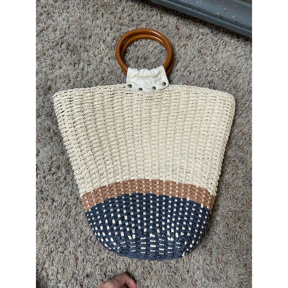 ONeill Womens Woven Straw Tote Bag Wooden Handles Beige/Navy/Brown Beach Design - Picture 2 of 7